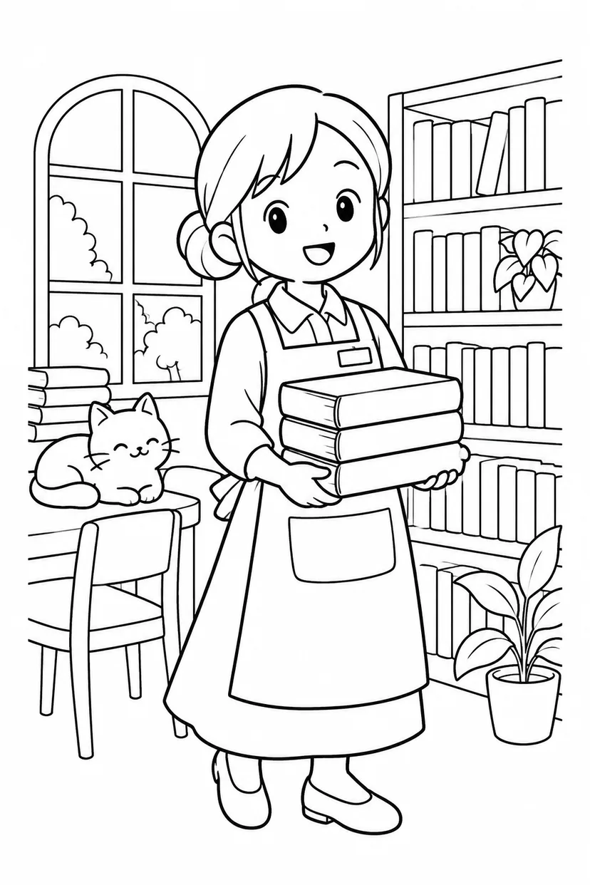 図書館の司書さんと本の塗り絵