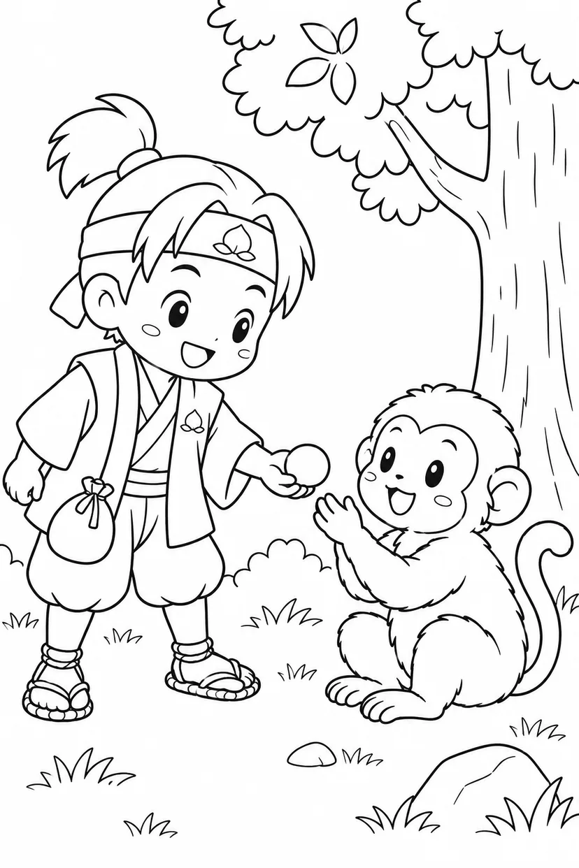 ほっこり桃太郎：猿にきびだんごをどうぞの塗り絵