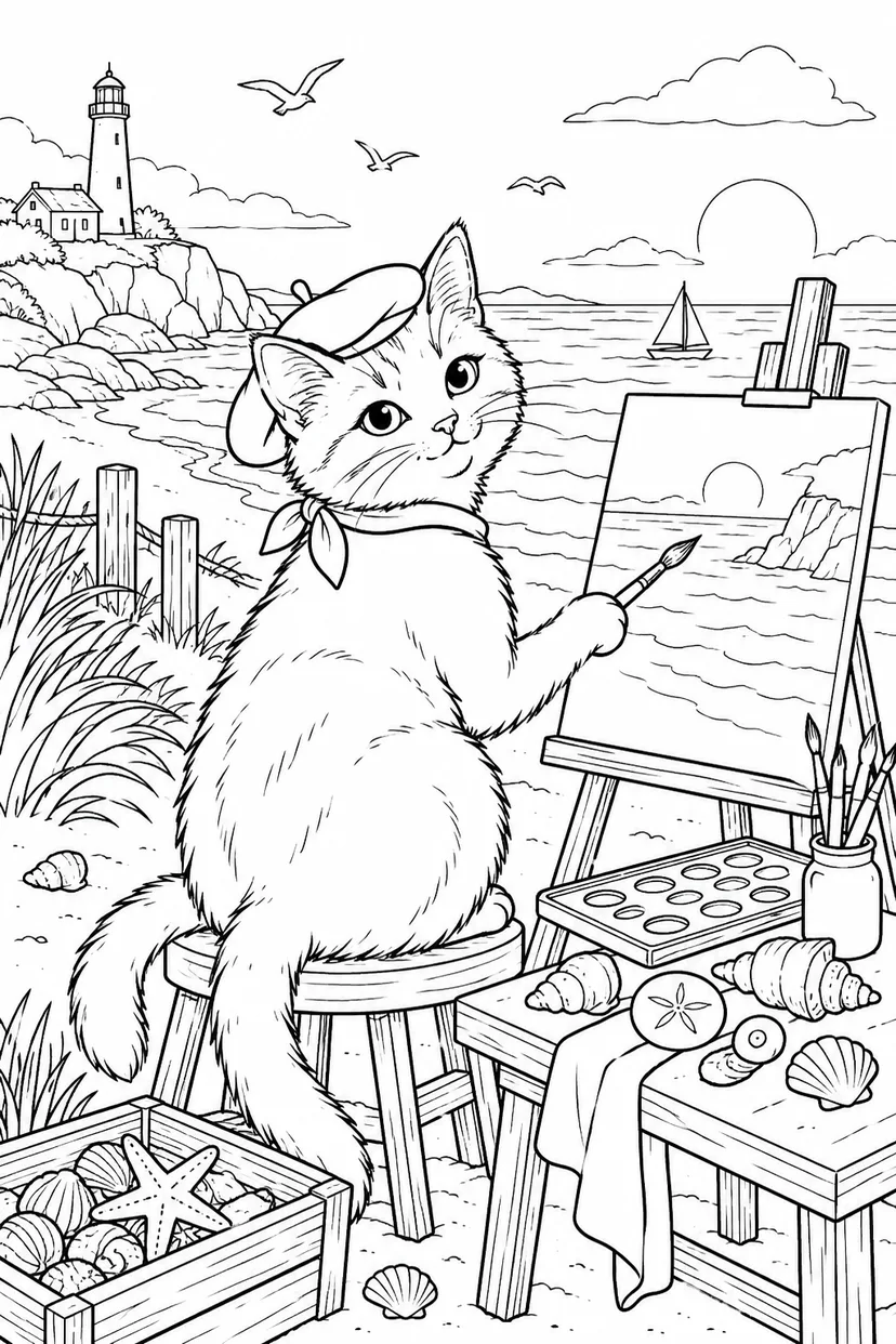 夏のねこの旅する画材箱の塗り絵