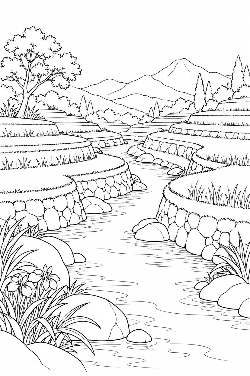 棚田を縫う細い水路の塗り絵