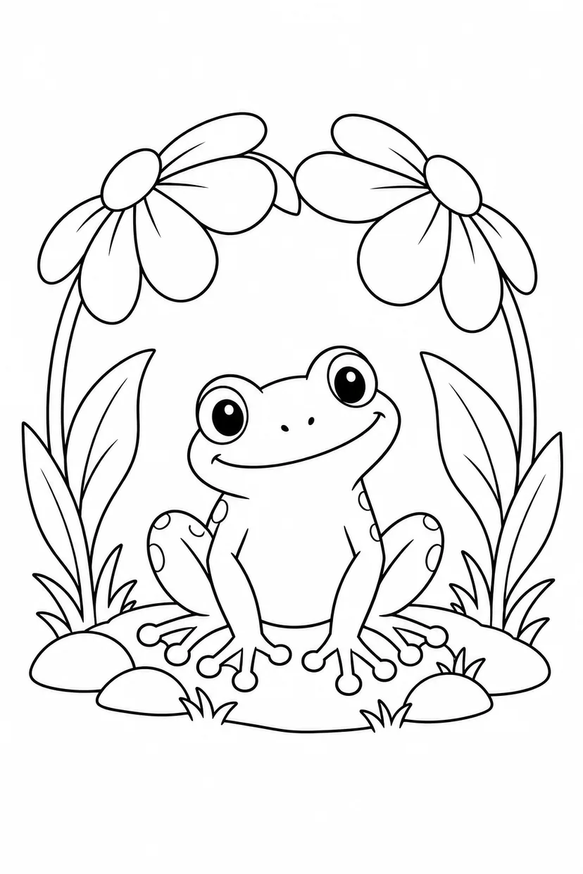 アマガエルと花のトンネルの塗り絵