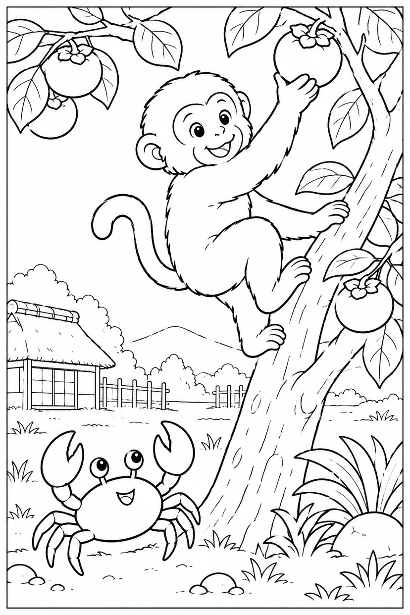 さるかに合戦 ほっこり：柿の木に登るさるの塗り絵