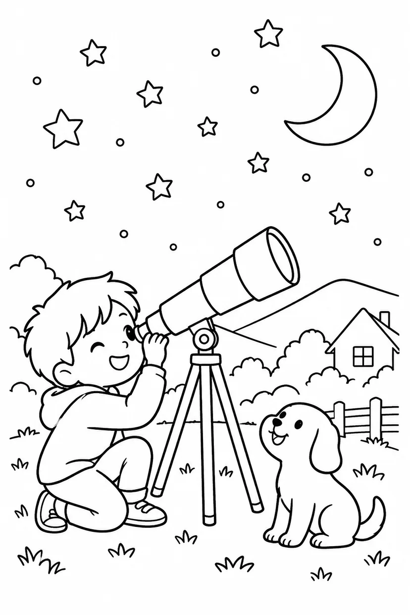 望遠鏡と夜空の塗り絵