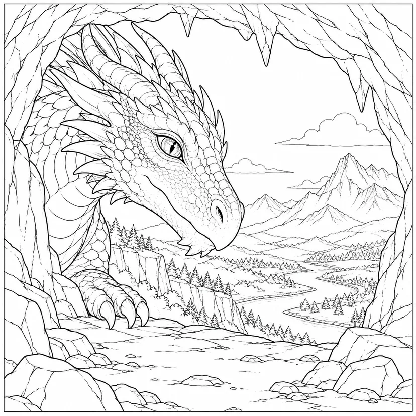Coloriage Dragon regardant hors d’une grotte