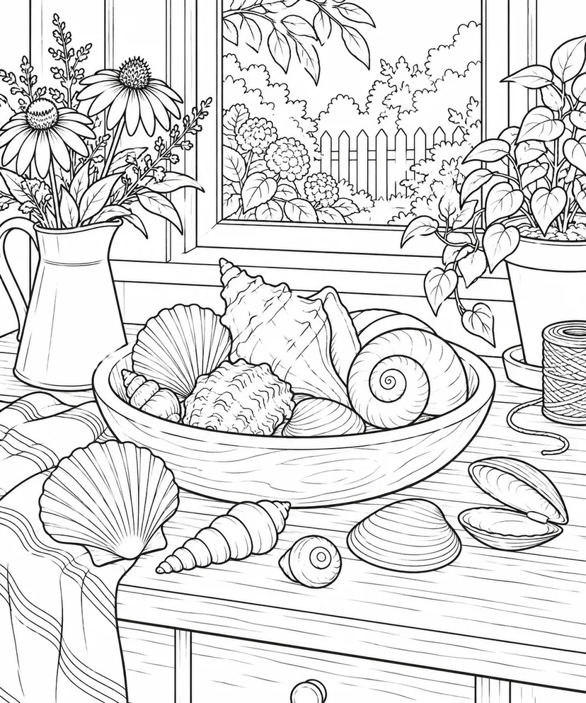 自然のひとこま：巻き貝と二枚貝のコレクションの塗り絵