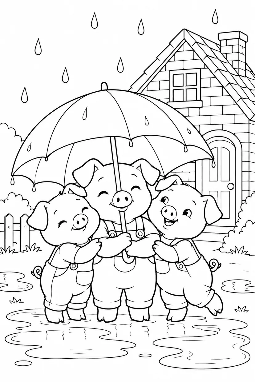 三只小猪：雨天共撑大伞涂色页