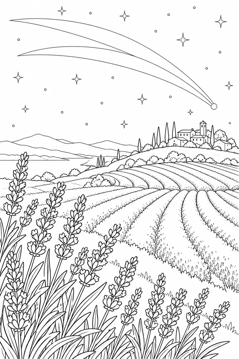 ラベンダーの丘と尾をひく彗星の塗り絵