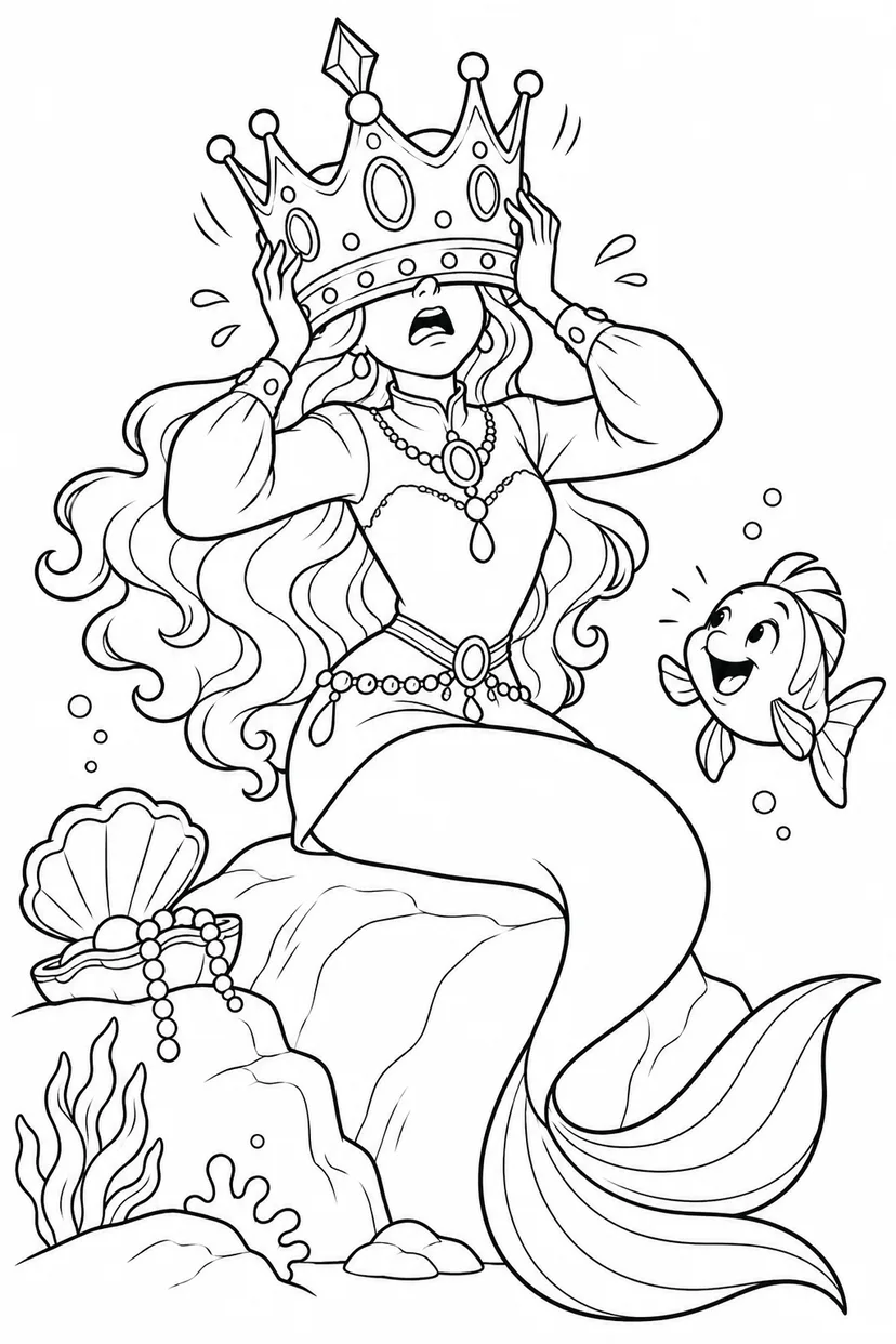 人魚姫：大きすぎる王冠で前が見えないの塗り絵