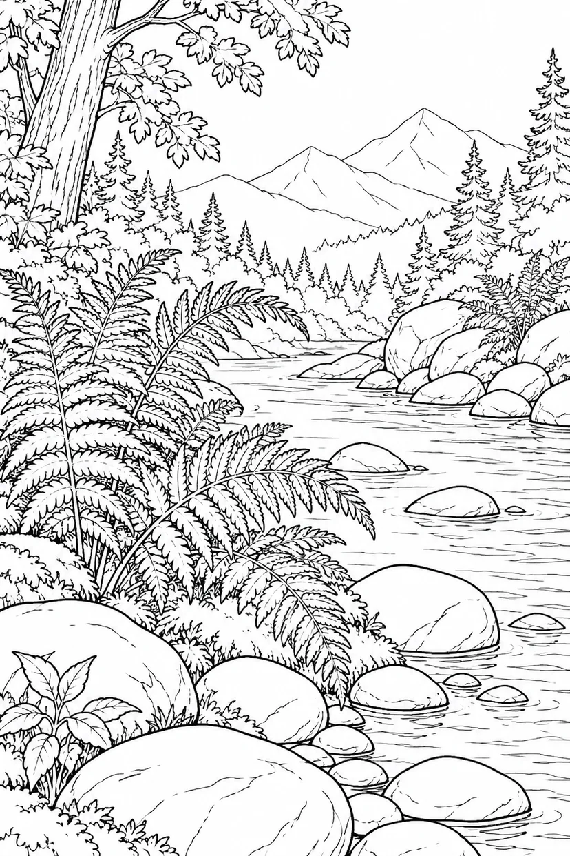 自然のひとこま：シダと川石の塗り絵