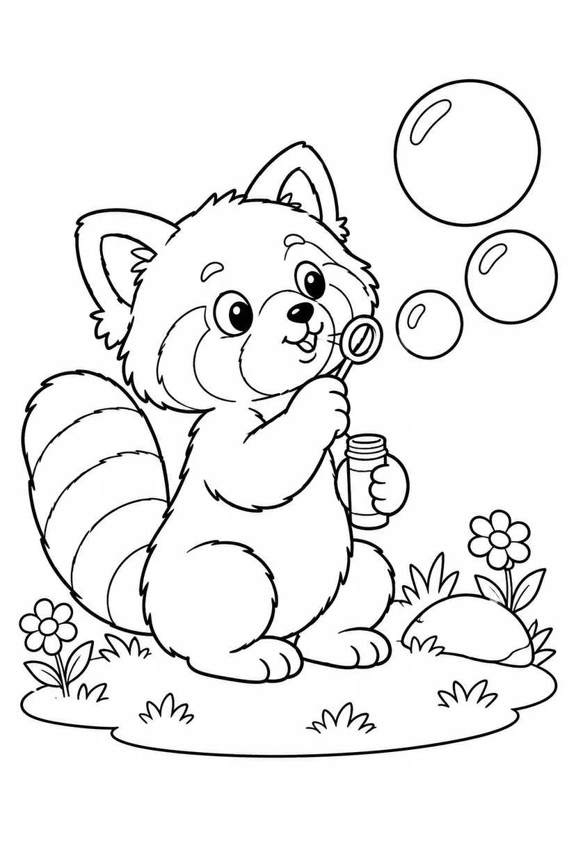 レッサーパンダのシャボン玉あそびの塗り絵