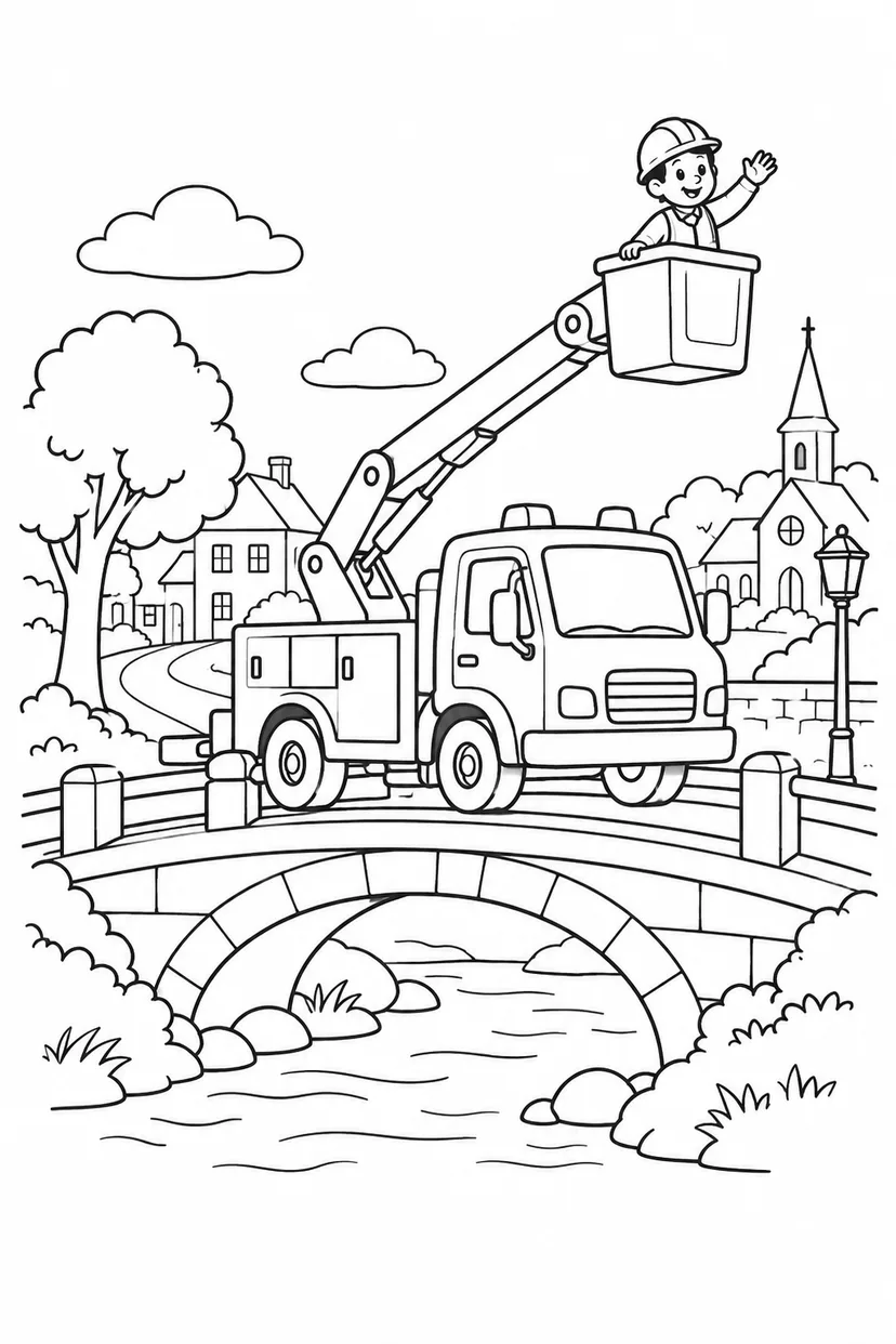 高所作業車と町の橋の塗り絵