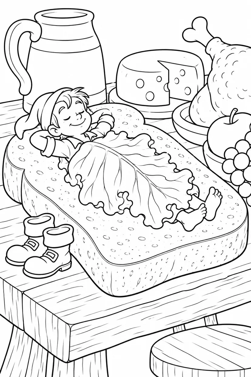 Jack and the Beanstalk・Comedy — A slice of bread for a bed coloring page