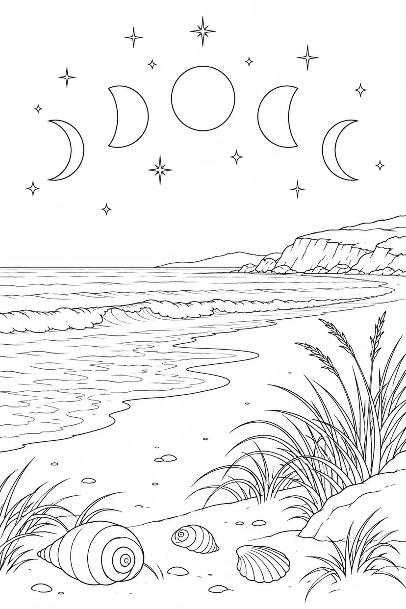 貝殻のある砂浜と月の満ち欠けの塗り絵