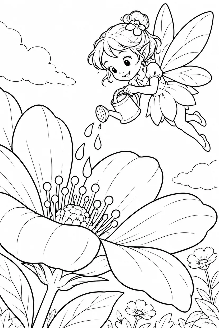 大きな花に水をあげる妖精の塗り絵