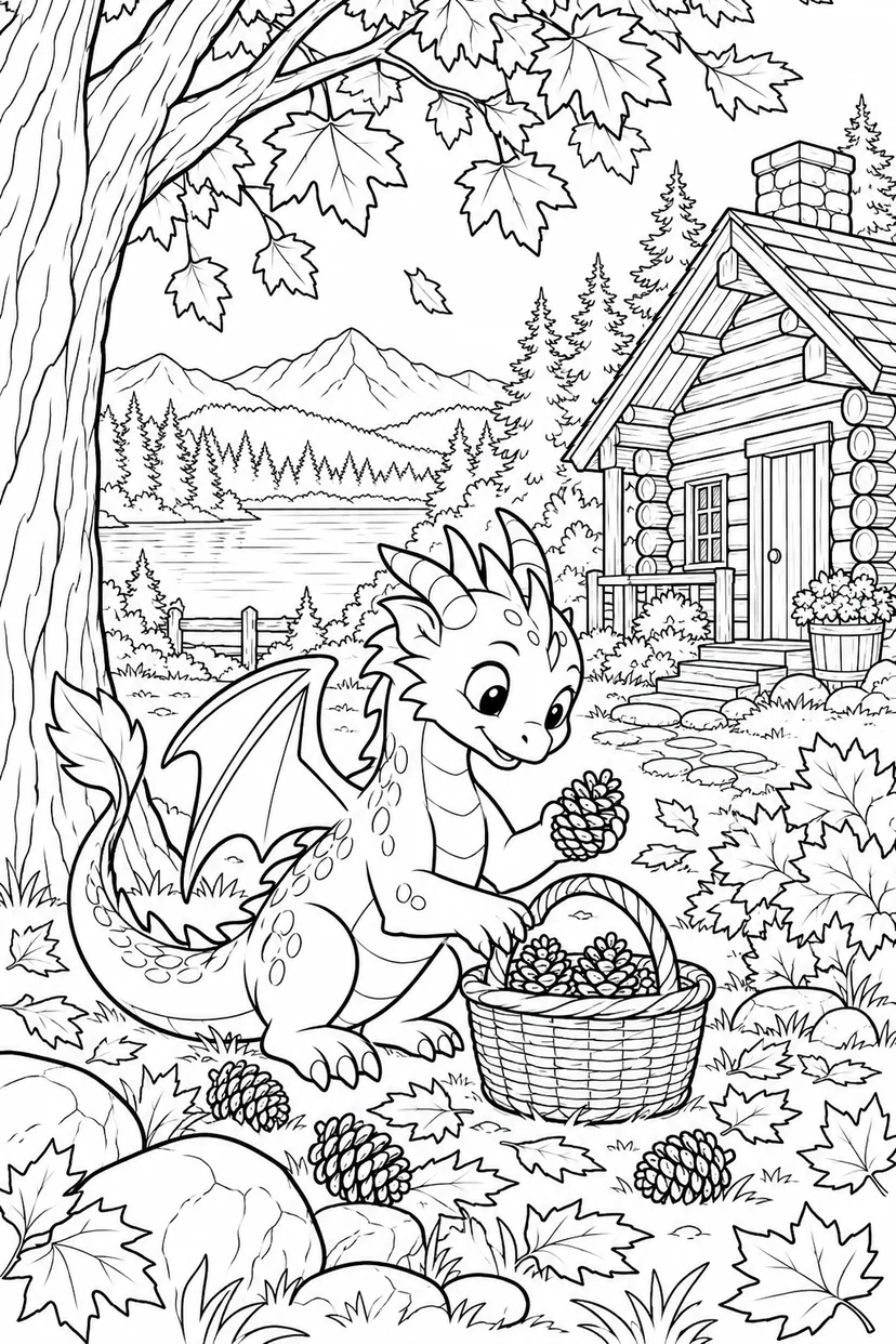 秋の小さな竜の山小屋の塗り絵