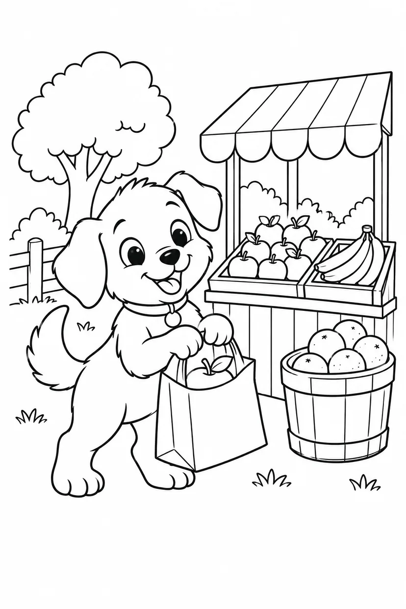こいぬの果物屋さんのお買い物の塗り絵