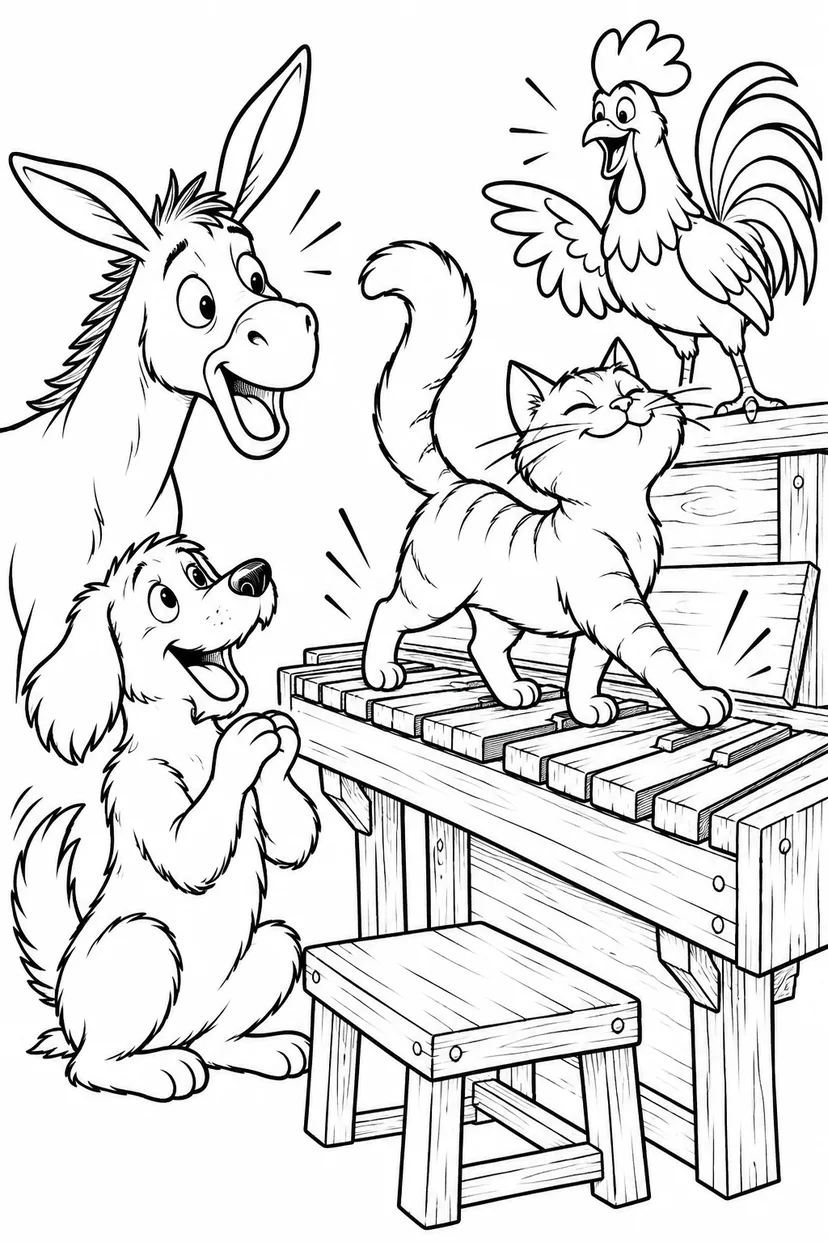 ブレーメンの音楽隊：板のピアノでねこリサイタルの塗り絵