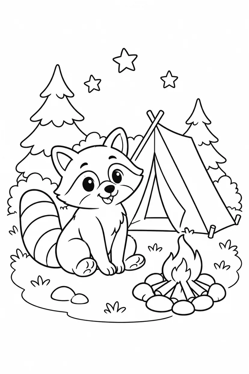 アライグマの星空キャンプの塗り絵