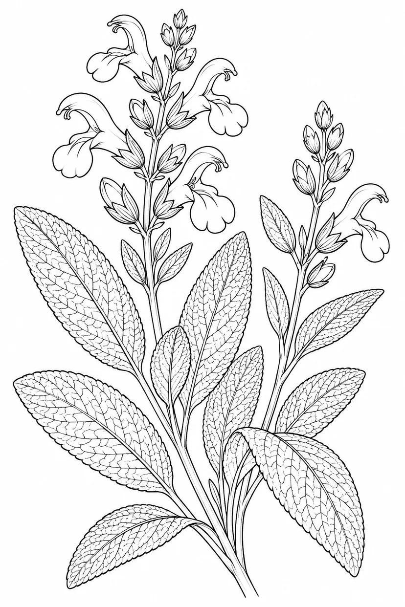 観察スケッチ：セージの葉と花の塗り絵