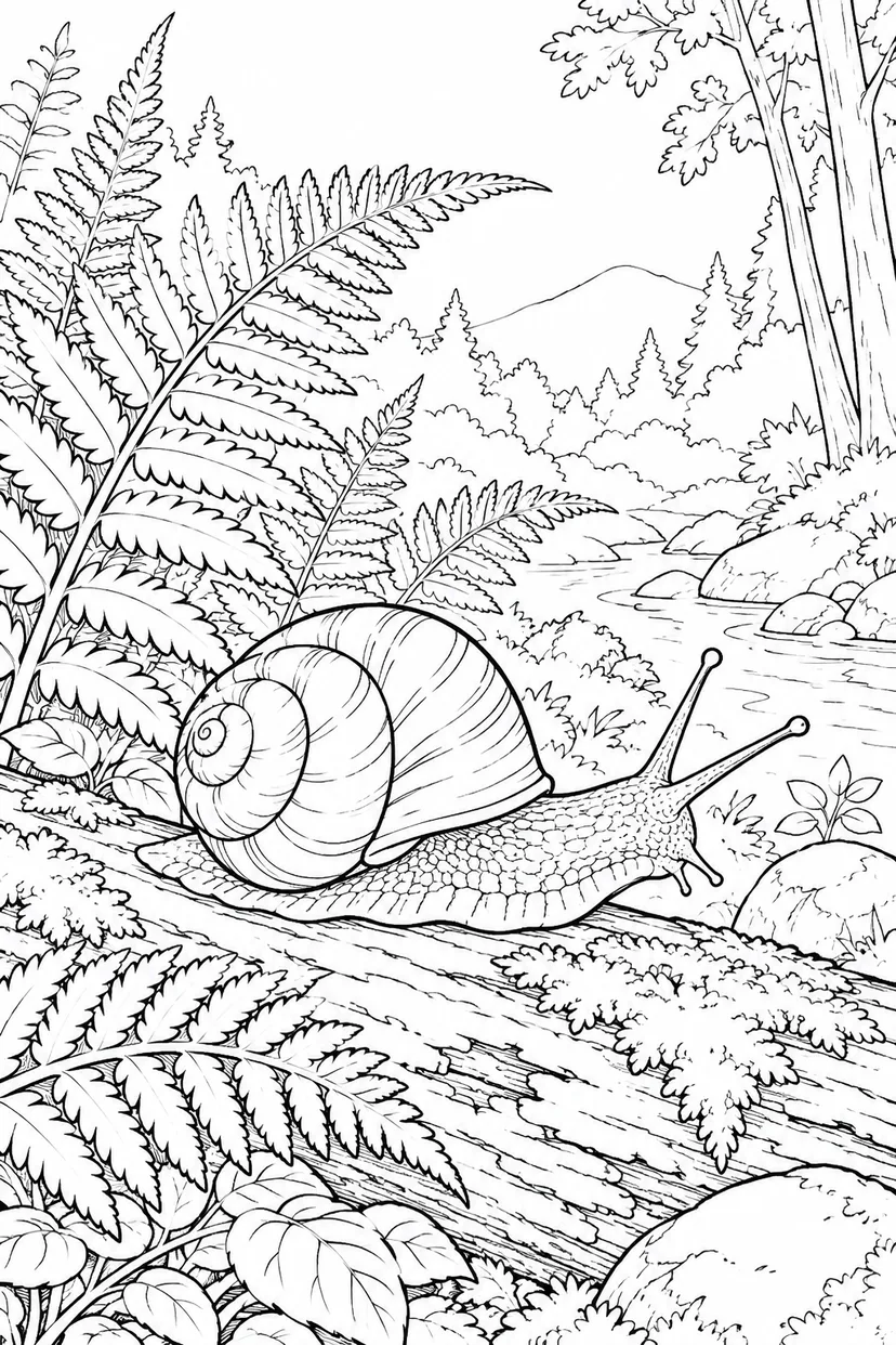 自然のひとこま：カタツムリとシダの葉の塗り絵