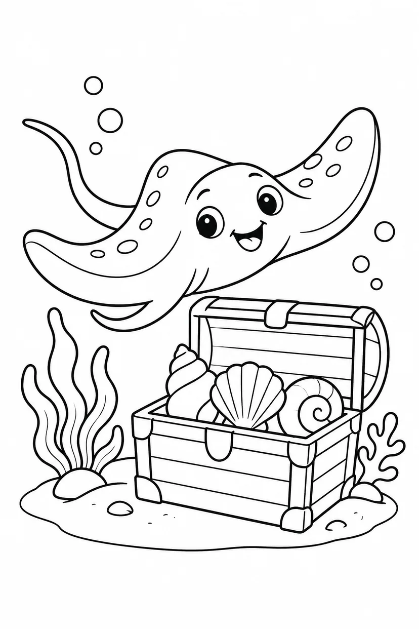エイと宝箱の塗り絵