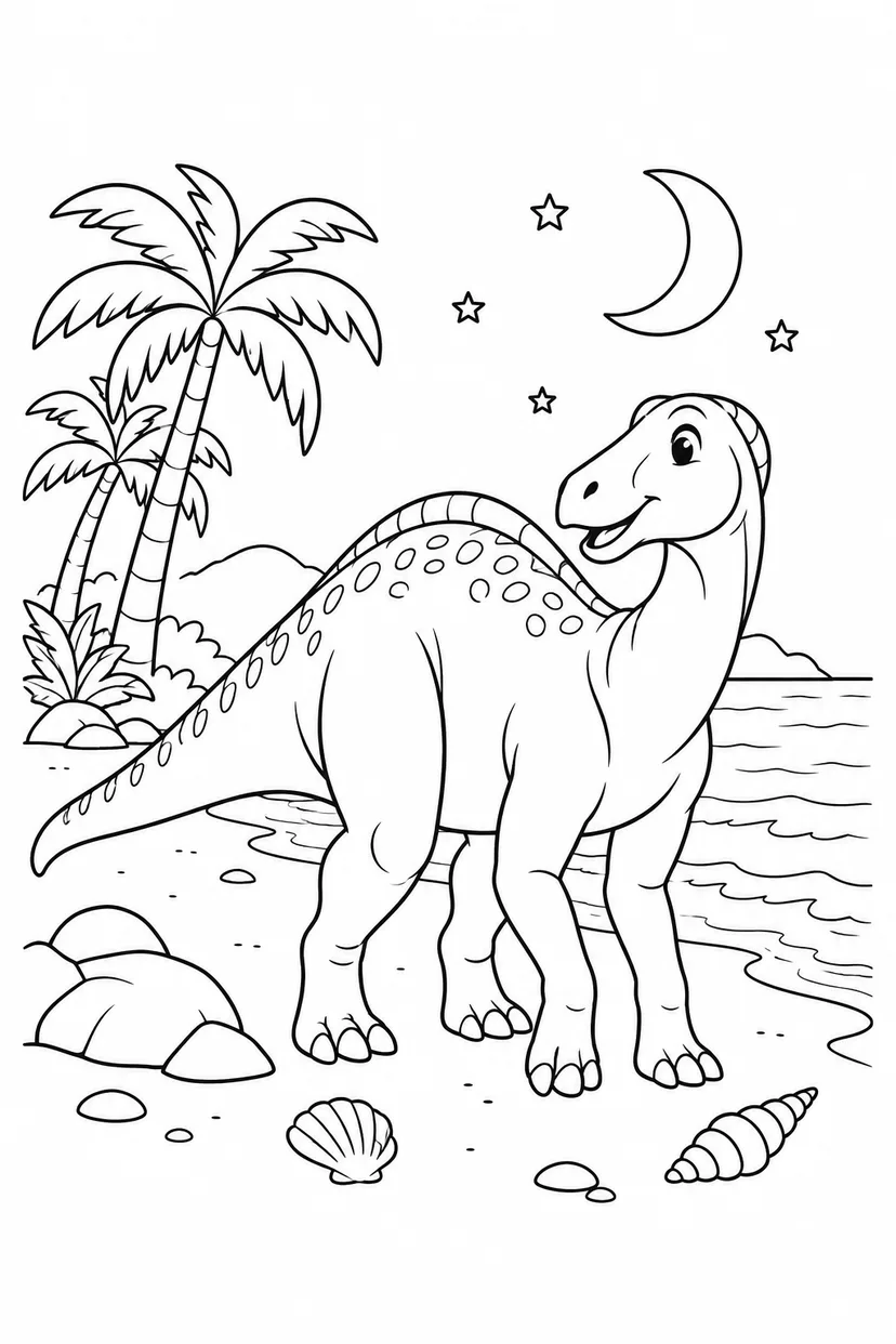 マイアサウラと月の砂浜の塗り絵