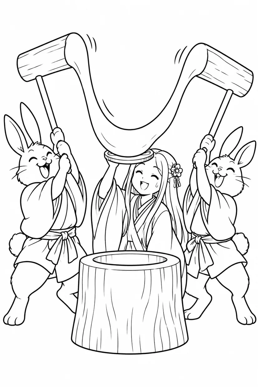 かぐや姫と月うさぎの大きすぎるおもちの塗り絵