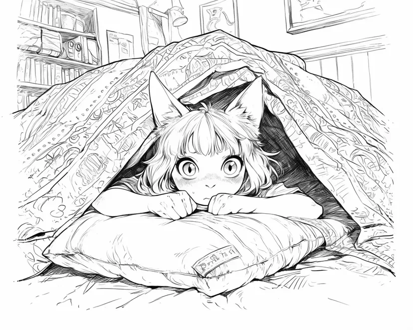 毛毯下的猫耳女孩涂色页