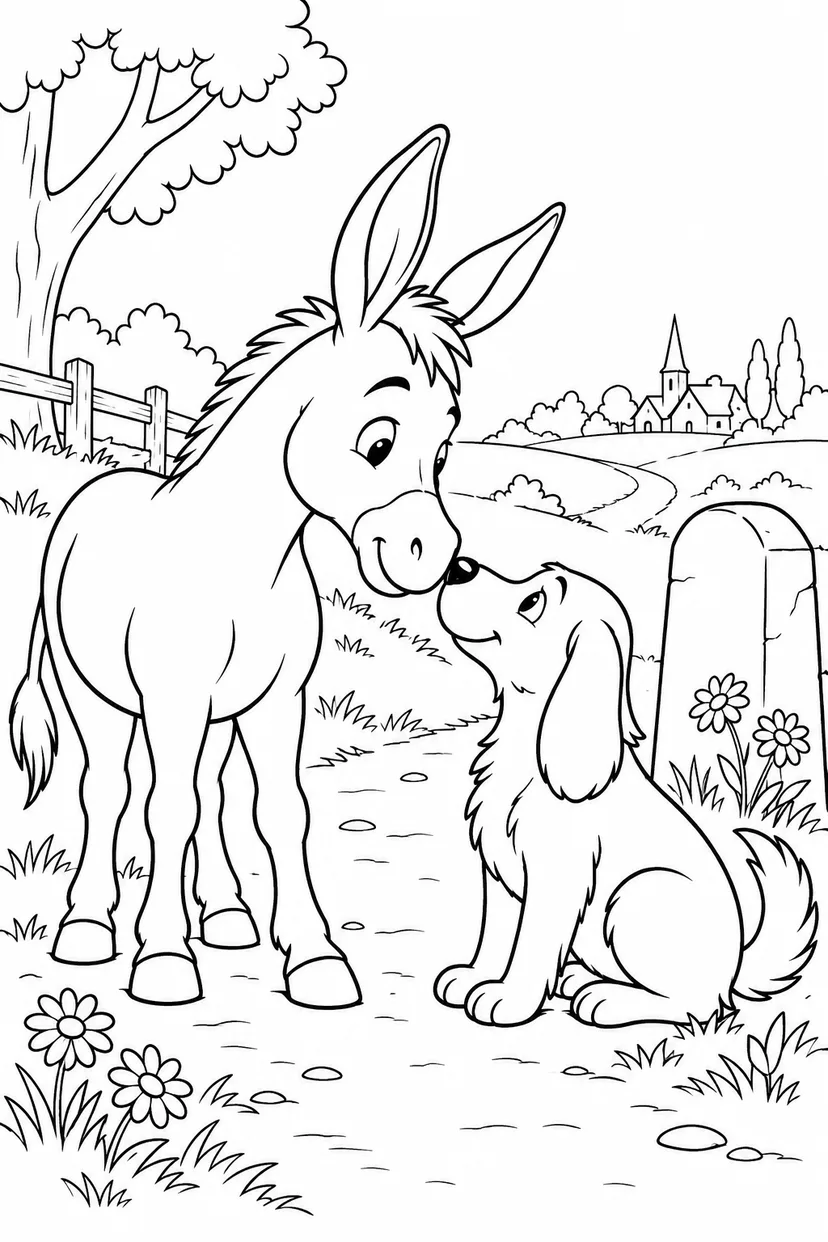 ブレーメンの音楽隊：道ばたでロバと犬がこんにちはの塗り絵