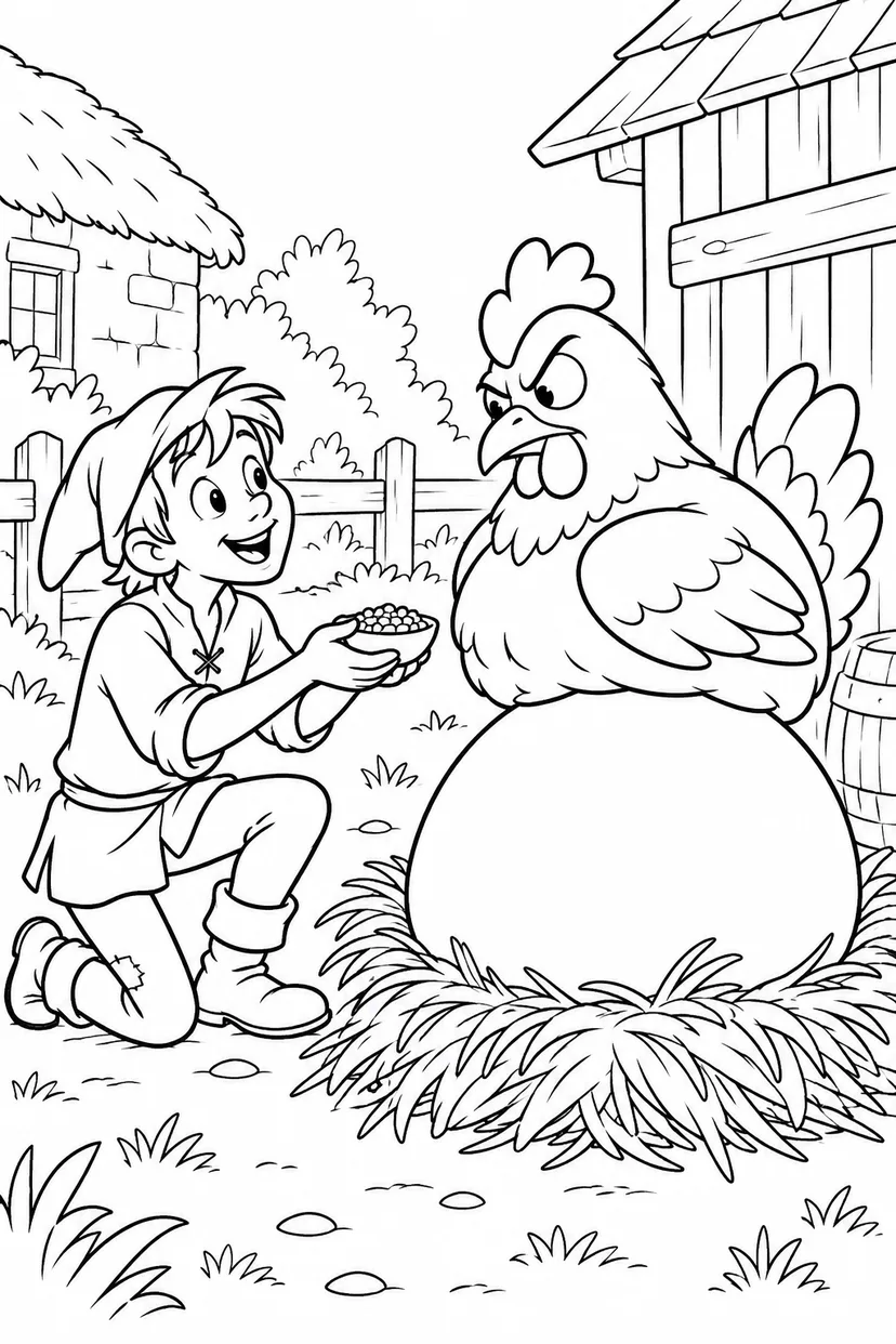 Jack and the Beanstalk・Comedy — The hen guards her egg coloring page