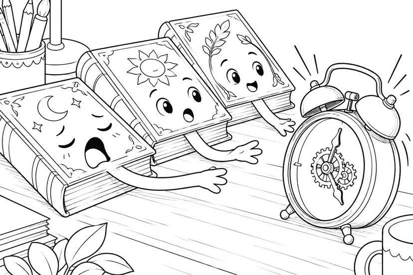 目覚まし時計で起きる本の塗り絵