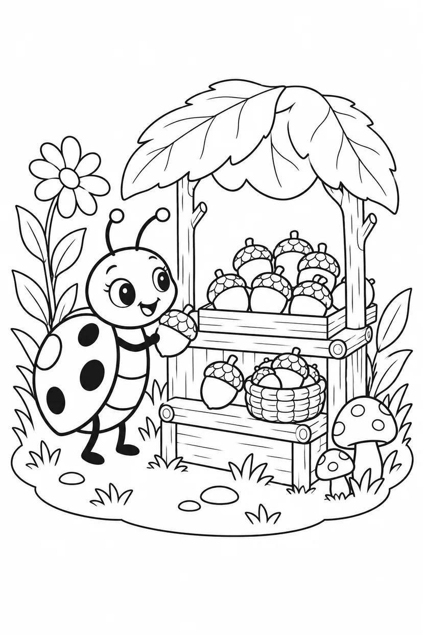 てんとう虫とどんぐりの屋台の塗り絵