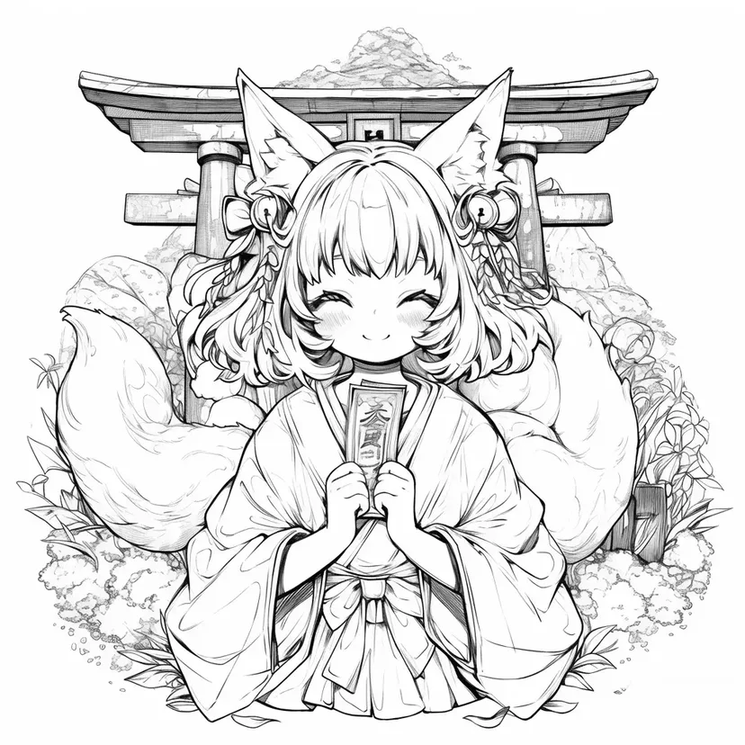 Shrine Fox Girl coloring page