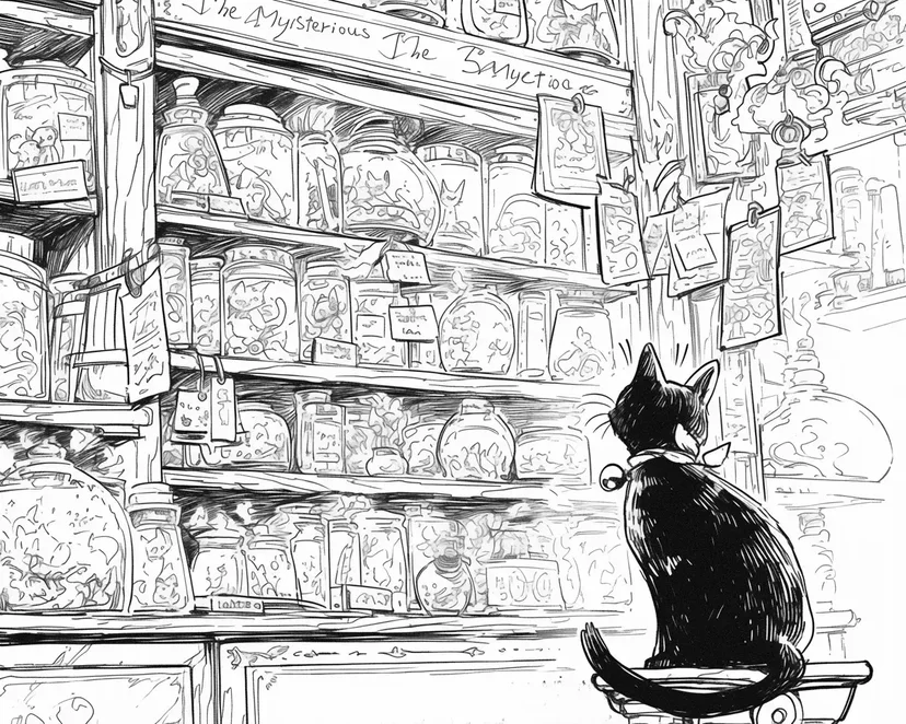Dibujo de El Gato Negro de la Misteriosa Botica para colorear