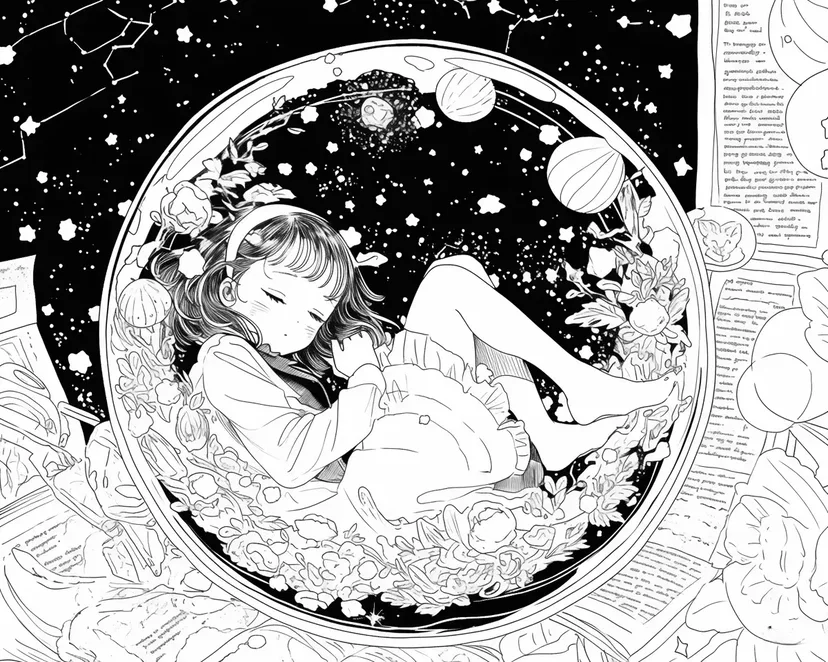 Desenho de Menina Sonhando no Espaço para colorir
