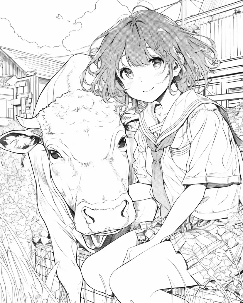 少女と牛の午後の塗り絵