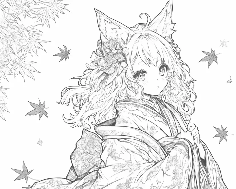 狐の少女と秋の風の塗り絵