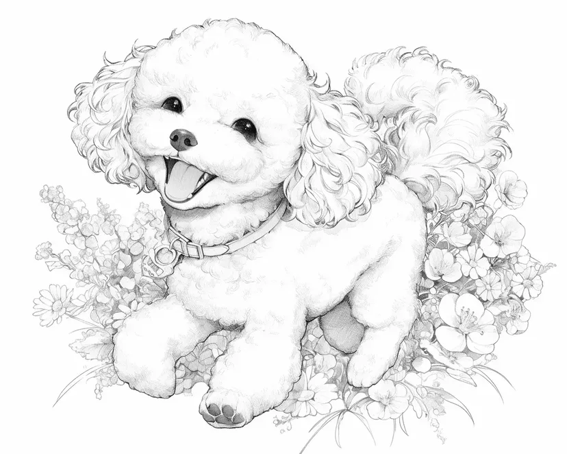 Desenho de Poodle Brincando no Campo de Flores para colorir