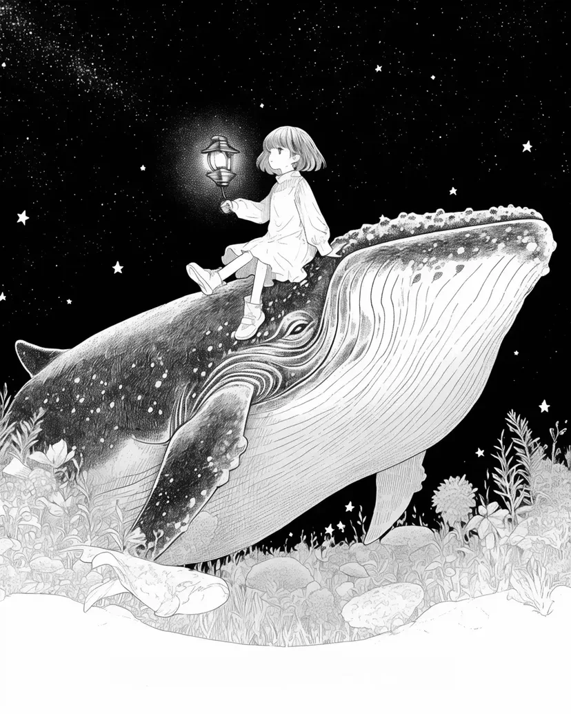星空下的鲸鱼和女孩涂色页