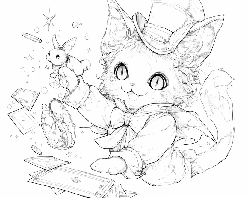 Dibujo de El Gato Mágico y el Pequeño Conejo para colorear