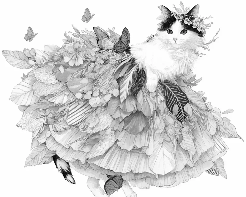 穿着花裙子的猫涂色页
