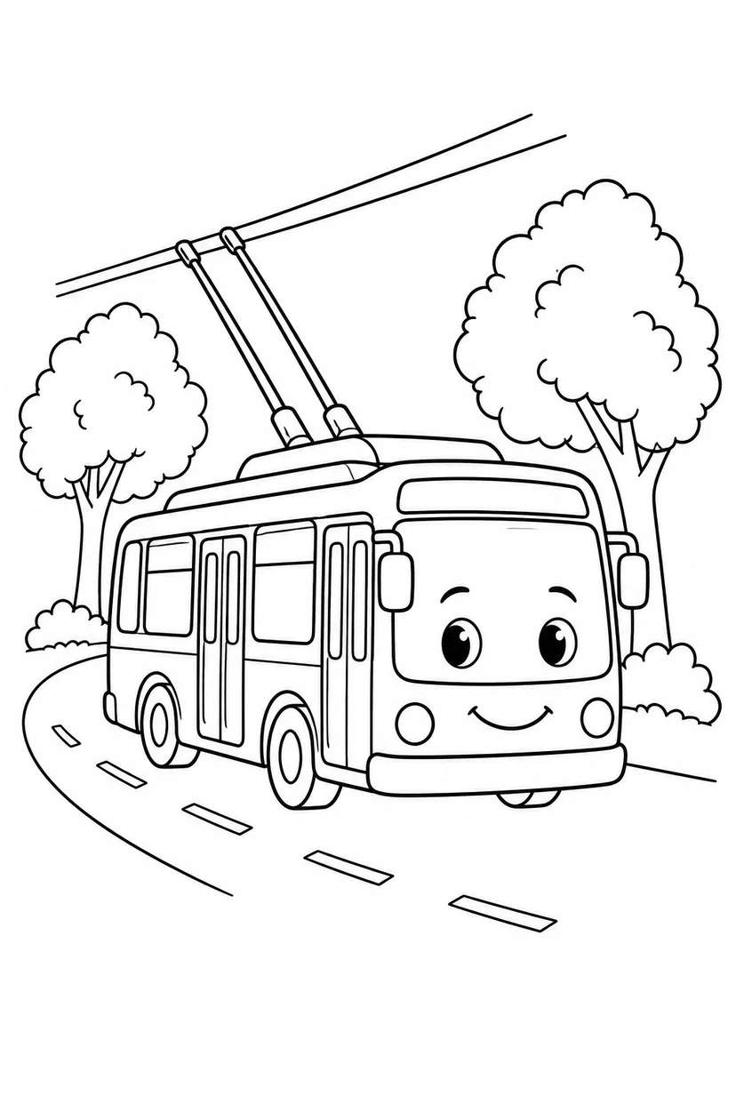 トロリーバスと森の道の塗り絵