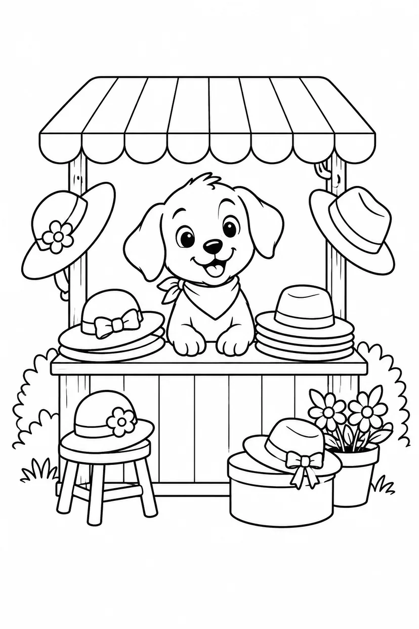 こいぬの帽子屋さんの屋台の塗り絵