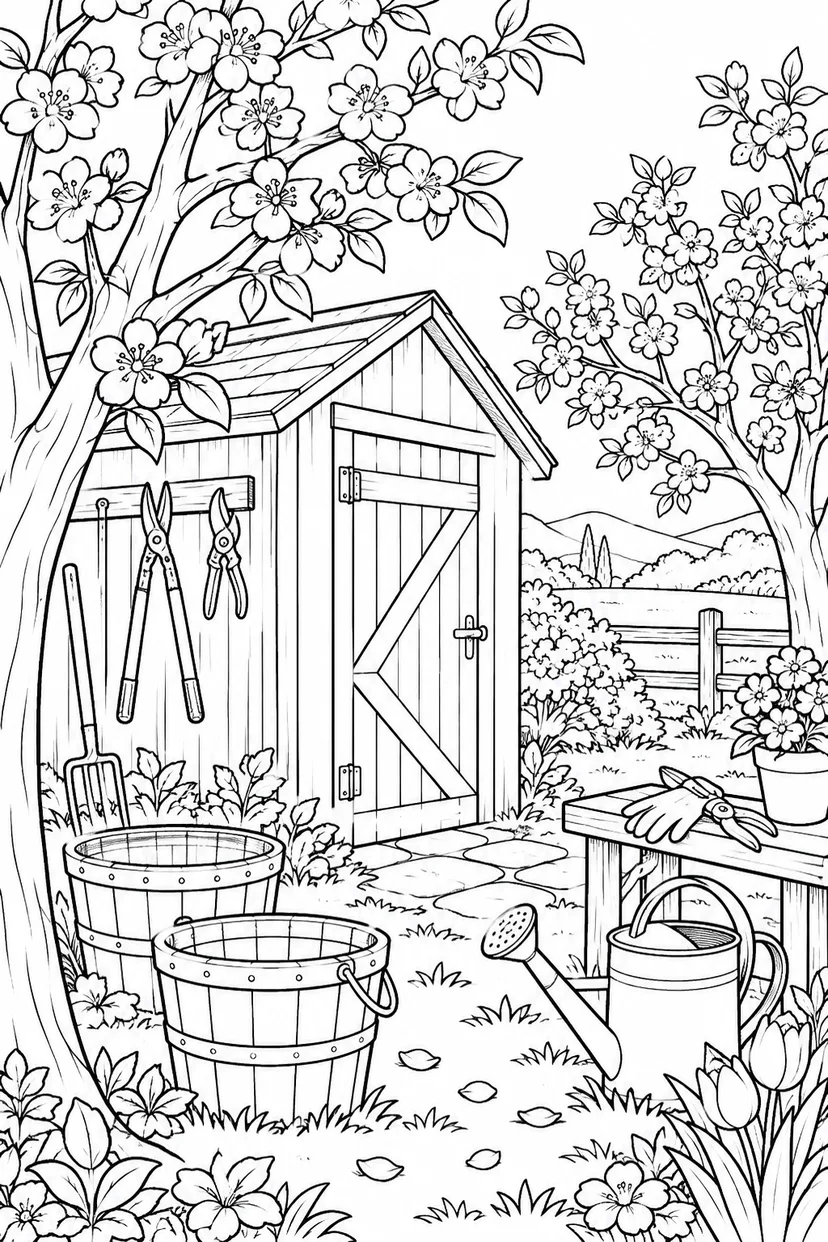 春の果樹園の作業小屋の塗り絵