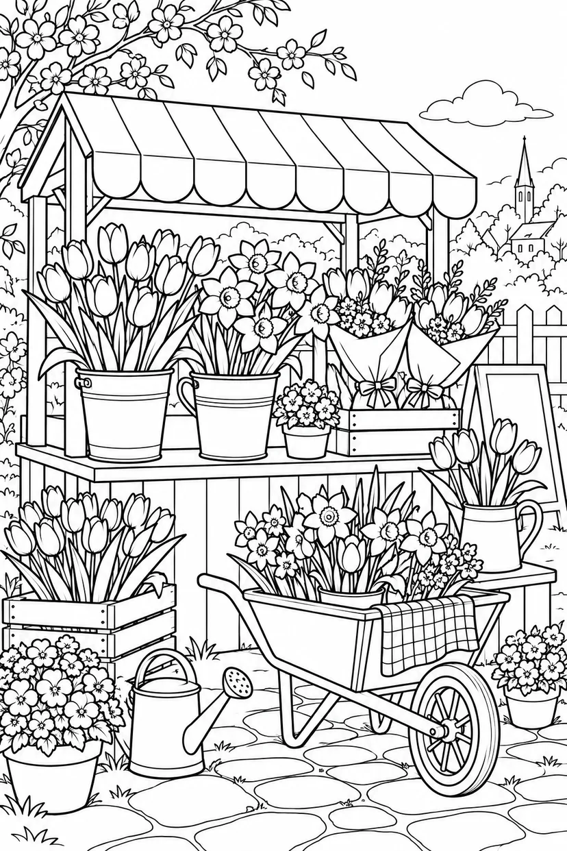 春の花屋さんの小さな屋台の塗り絵