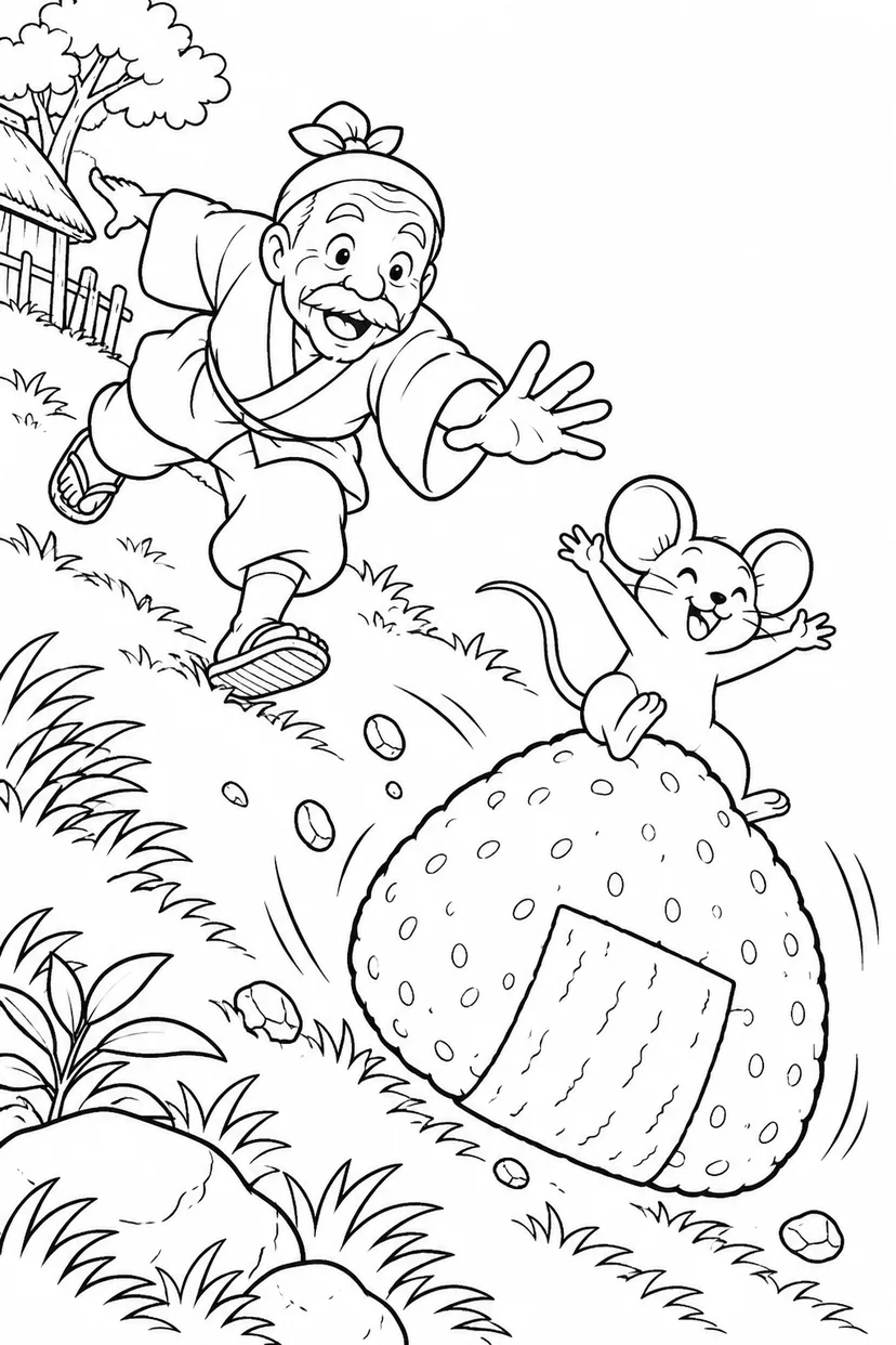 おむすびころりん・ギャグ：坂道をころがるおむすびの塗り絵