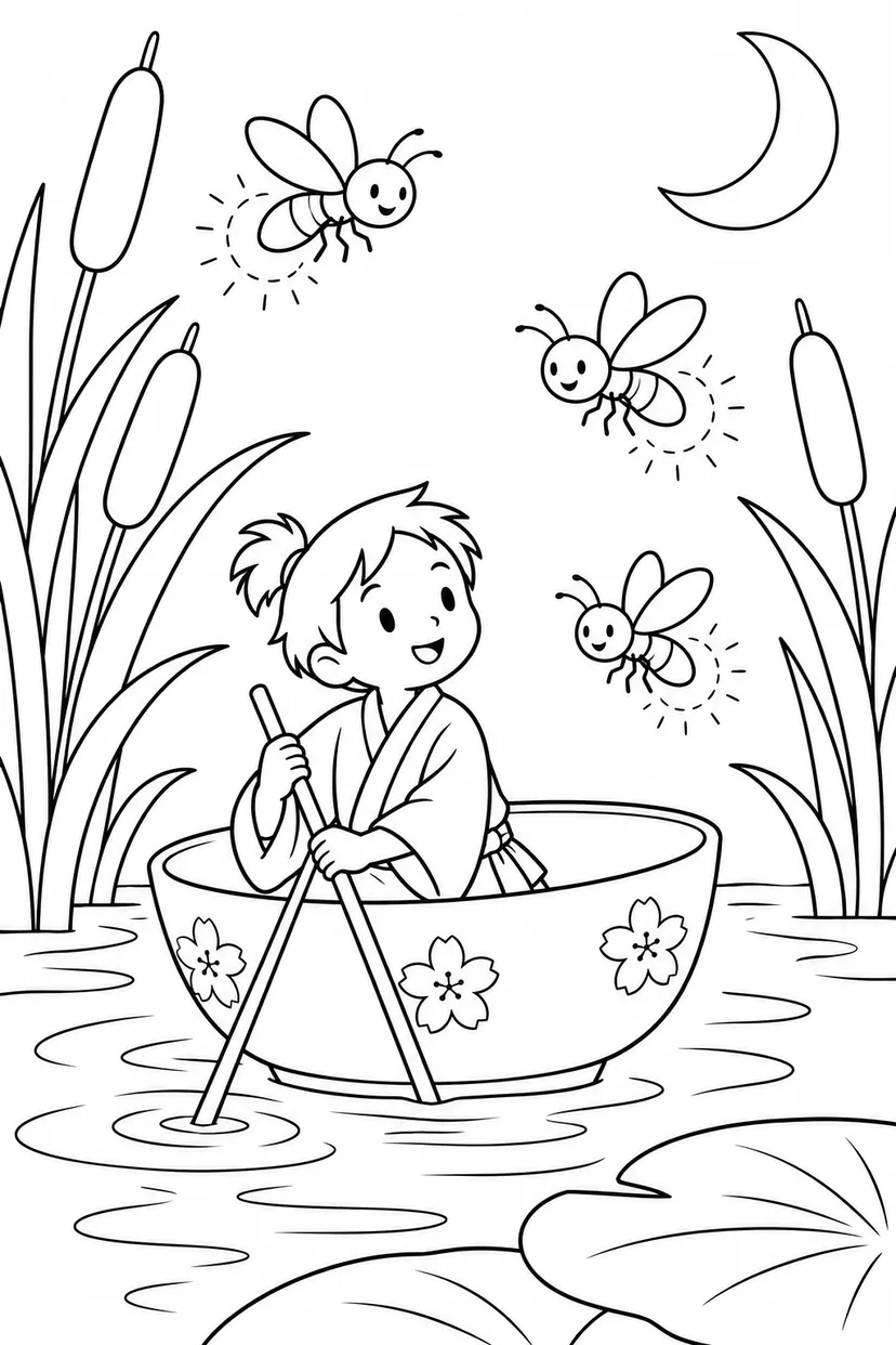 一寸法師・ほたると水辺の夕べの塗り絵