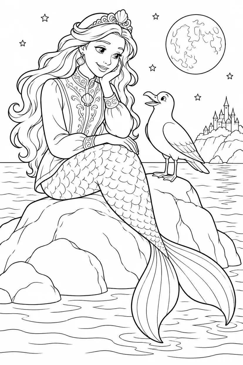 人魚姫：月夜の海鳥とのおしゃべりの塗り絵
