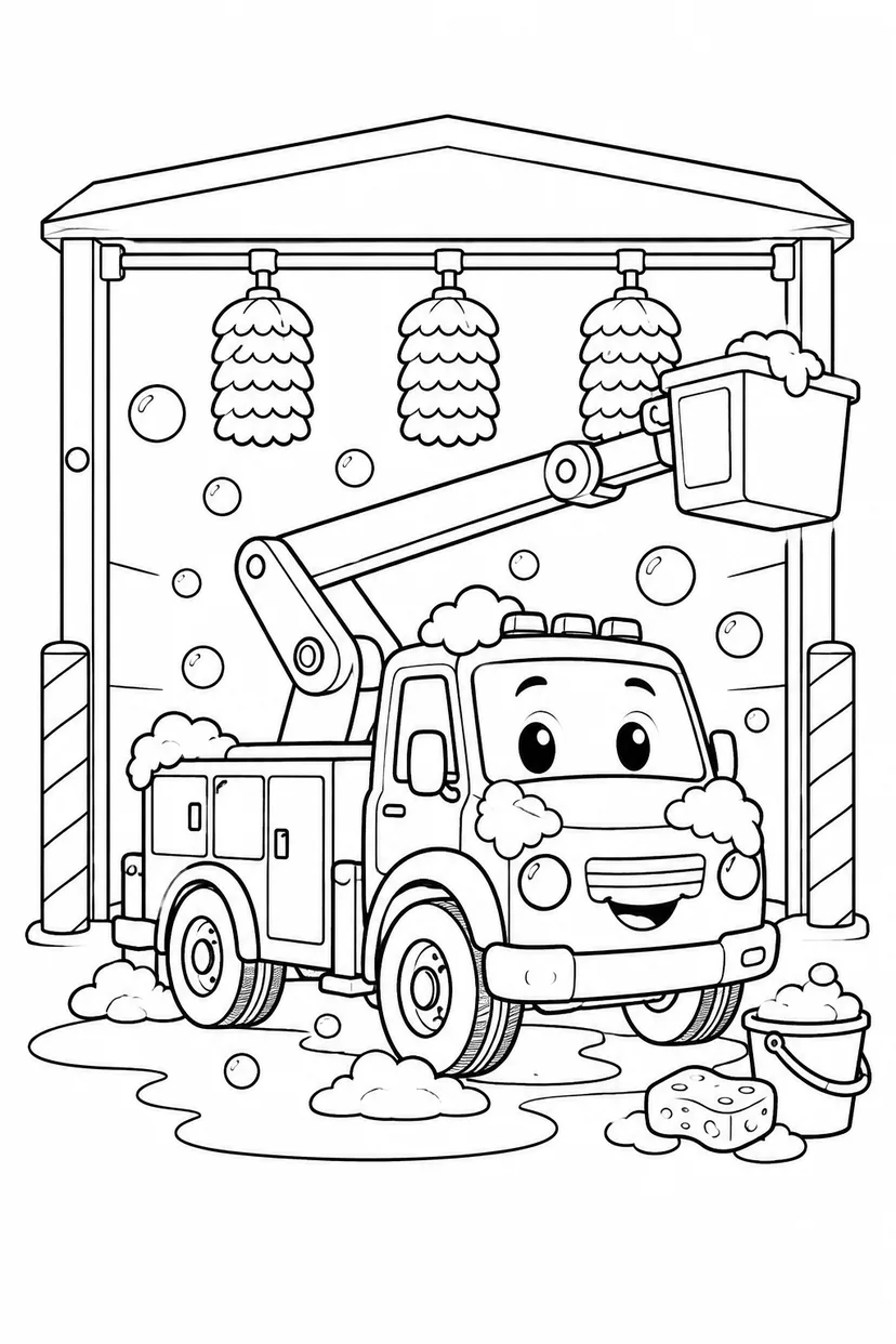 高所作業車と洗車場の塗り絵