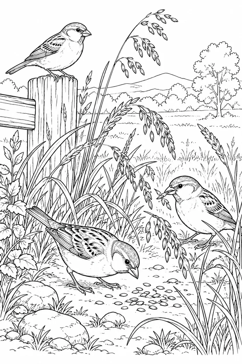 自然のひとこま：スズメと草の種の塗り絵